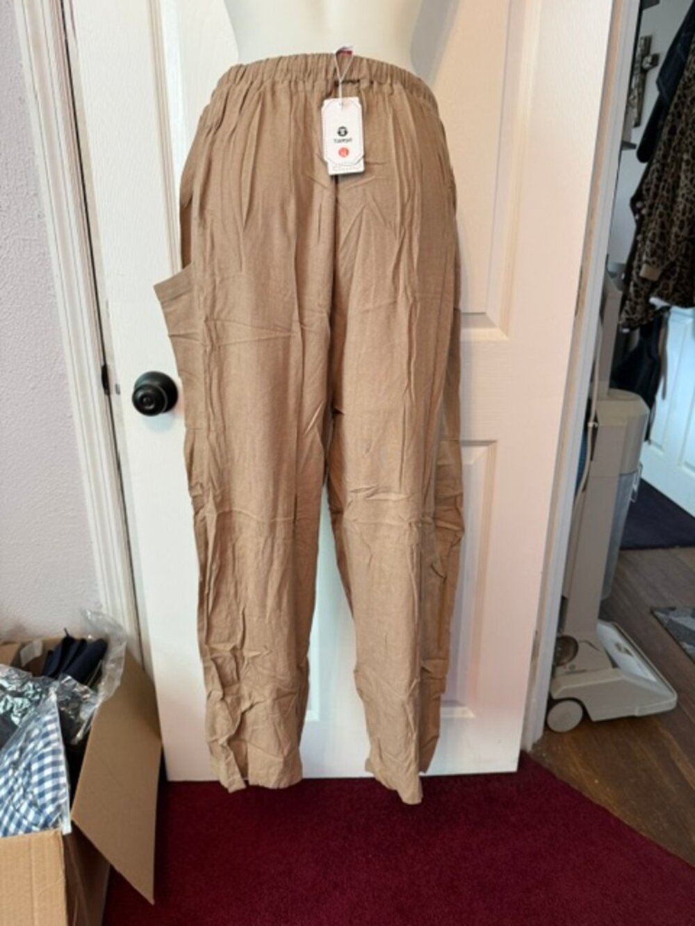 TARSE Linen Blend Wide Leg Cropped Pants M Taupe Elastic Waist Lounge